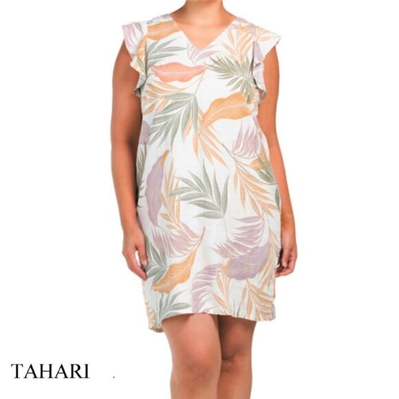 NWT Tahari Plus Tropical Floral Print Linen Flutter Sleeve Shift Mini Dress - Picture 1 of 5